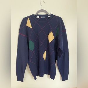 Austin Reed Mens L 100% Lambswool Sweater Navy Blue Argyle Wool Long Sleeve